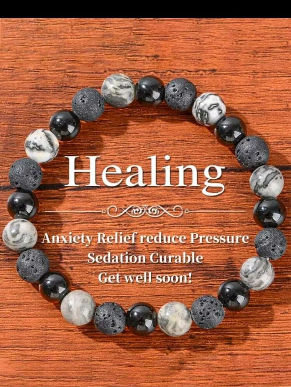 FP Healing Lava Beads Vintage Style Men's Natural Map Stone Beaded Bracelet,